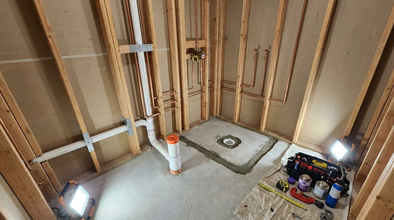 Bathroom rough-in plumbing during remodel by Johns Plumbing LLC in Clawson