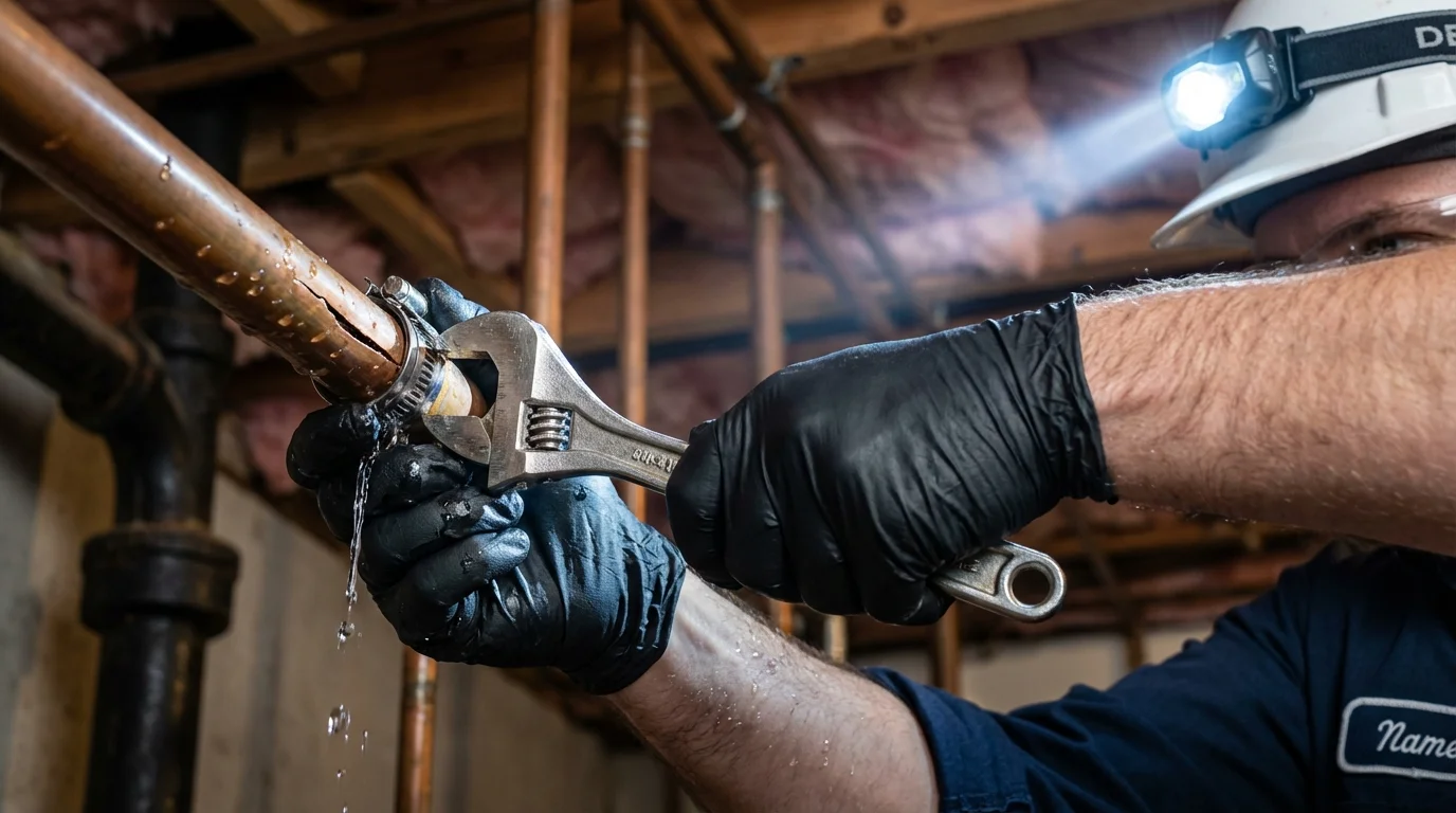 Emergency pipe clamp repair being performed by a Johns Plumbing LLC plumber in Clawson