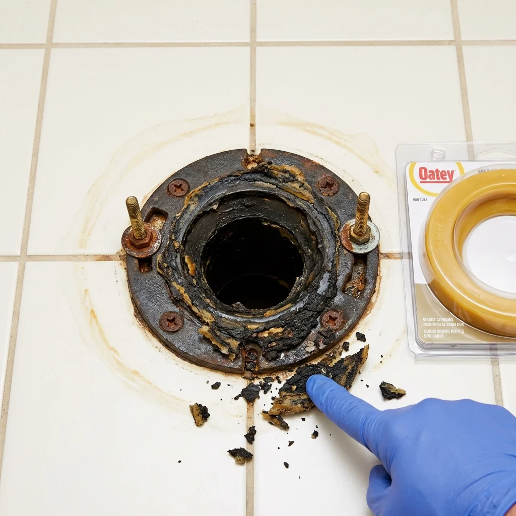 Failed wax ring showing water seepage at the base of a toilet in a Clawson, MI home